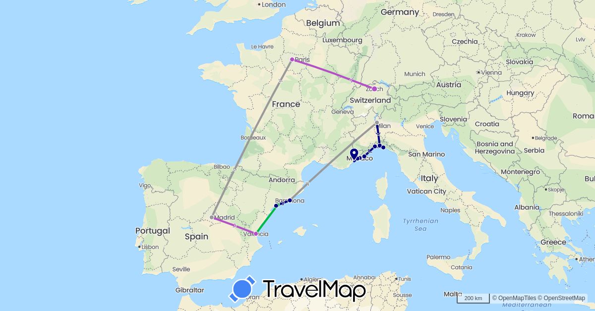 TravelMap itinerary: driving, bus, plane, train in Switzerland, Spain, France, Italy, Monaco (Europe)